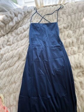 Beginning Boutique Navy Satin Halter Top with Lace-Up Back